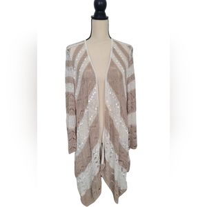 Chicos Womens Open Front Crochet Knit Ivory and Tan Striped Sequin Cardigan XL